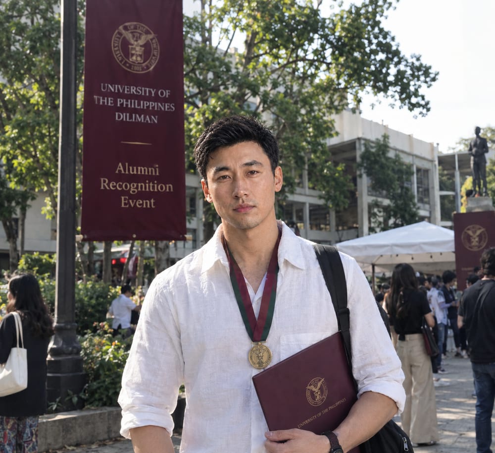 Kurt at the University of the Philippines Diliman Alumni Recognition Event, wearing a medal and holding a UP folder